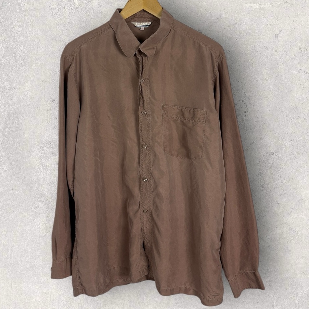 Vintage Silk Masters Brown Long Sleeve Button Down Shirt Mens Size XL Pocket Vtg